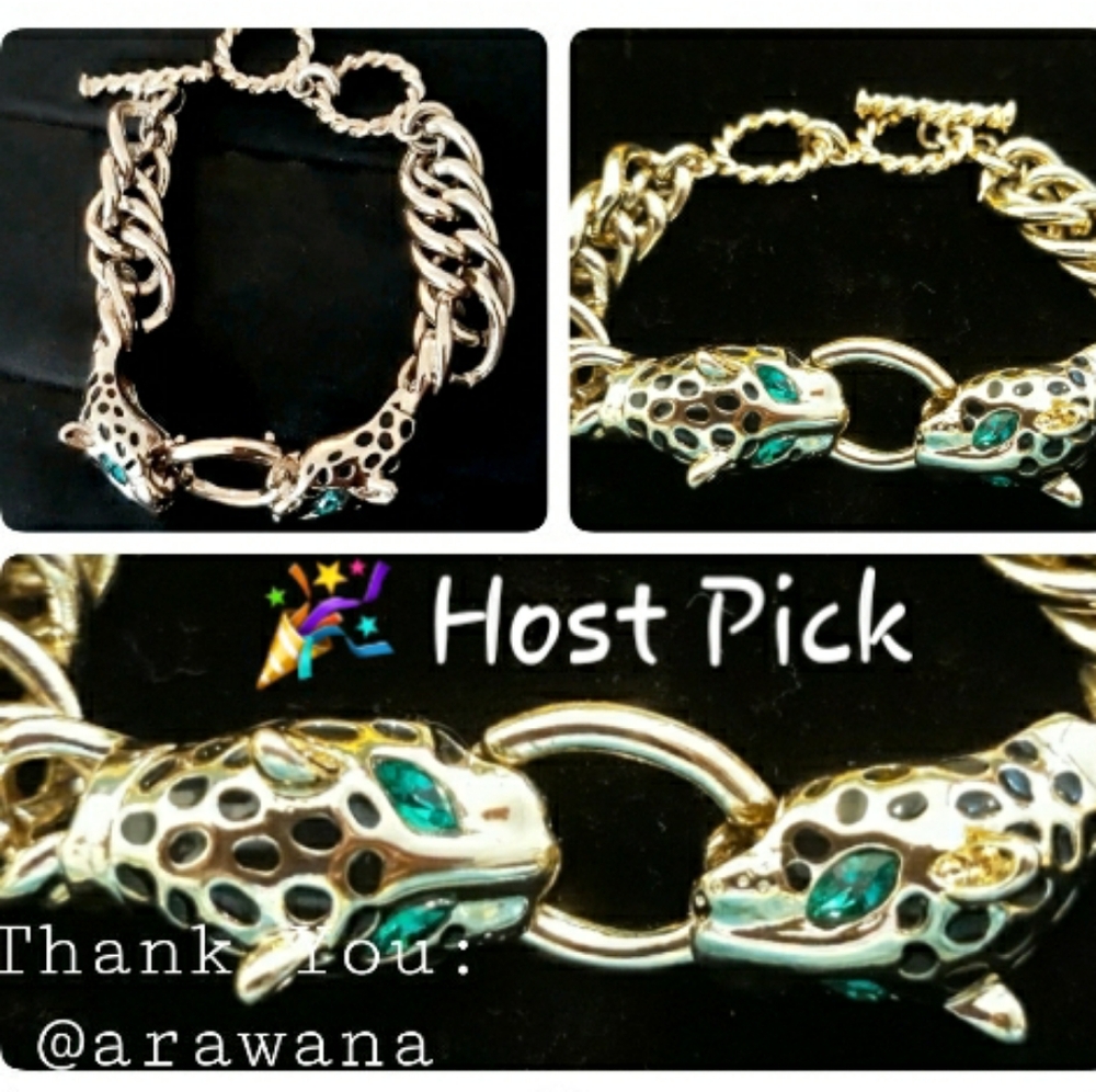 Vintage Double Leopard Head with Green Rhinestone Eyes Chunky Chain Bracelet - Picture 1 of 15